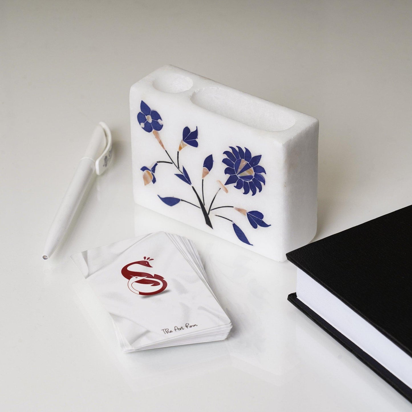 Marble Card Holder with Pen Stand – Inlay Floral Desk Org.