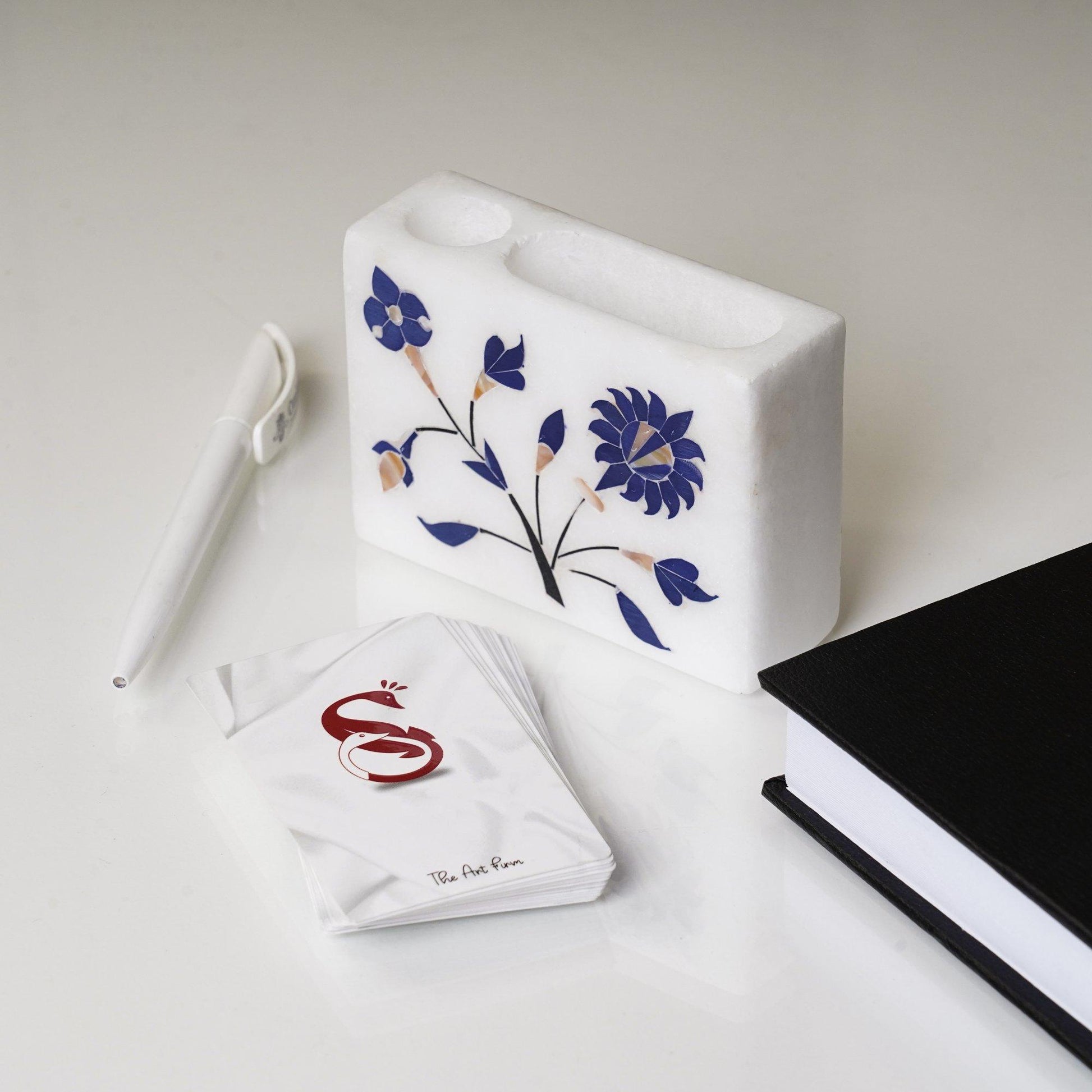 Marble Card Holder with Pen Stand – Inlay Floral Desk Org.