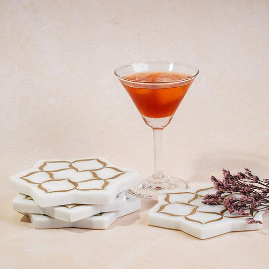 Luxury Flower - Shaped Marble Tea Coaster Set with Brass Inlay – Elegant Table Decor - LuvihCrete Brass Inlay Flower - Shaped Marble Tea Coaster Set ( 4 Coaster Set )
