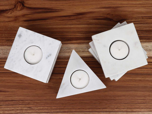 Candle Holders – Handcrafted Geometric Marble Candle Holders | Modern Luxe Home Decor (Set of 3) - LuvihCreteCandle Holders – Handcrafted Geometric Marble Set for Modern Home Décor