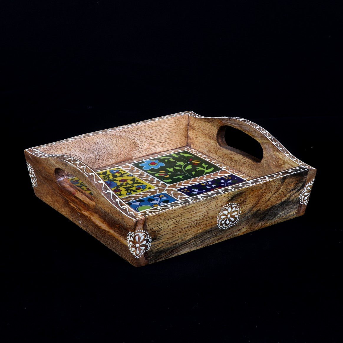 Serving Tray – Artistic Tiled Square Wooden Tray | Handcrafted Luxury - LuvihCreteHandcrafted Wooden Serving Tray – Elegant Artistic Tiled Design for Home & Kitchen