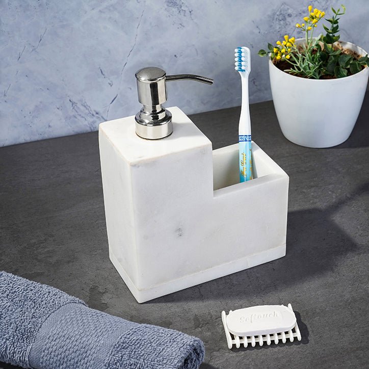 Luxury White Marble Bathroom Set – Soap Dispenser & Toiletry Holder - LuvihCreteLuxury White Marble Bathroom Set – Soap Dispenser & Toiletry Holder - LuvihCrete